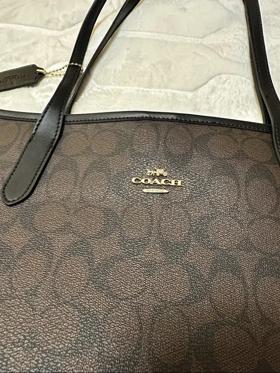 Coach Brown Signature Canvas Tote with Black Leather Straps - Picture 2 of 5